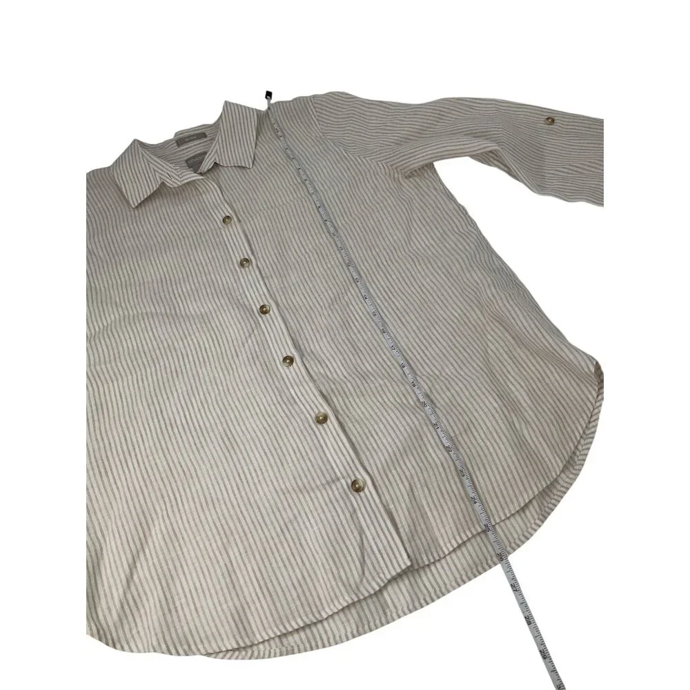 Chico’s no iron 100% linen roll tab button up top shirt size 0.5 S 6 tan striped - Picture 4 of 7